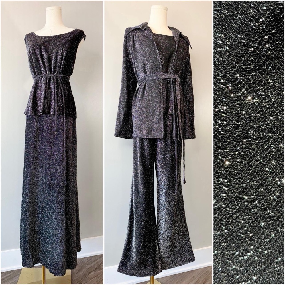 Vintage 1970s Sparkly Disco Set Pants Skirt Top Jacket 70s Party Fits L XL XXL